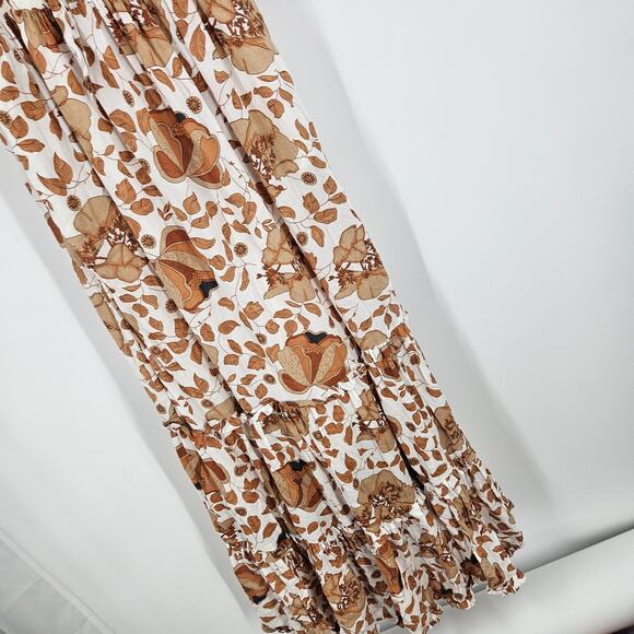 Anthropologie Dress White Tan Floral Cutout Tiered Puff Sleeve Smocked Maxi Sz S - Picture 4 of 11